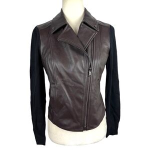 Etcetera Brown Genuine Leather Jacket Black Knit Moto Biker Short Jacket Size XS